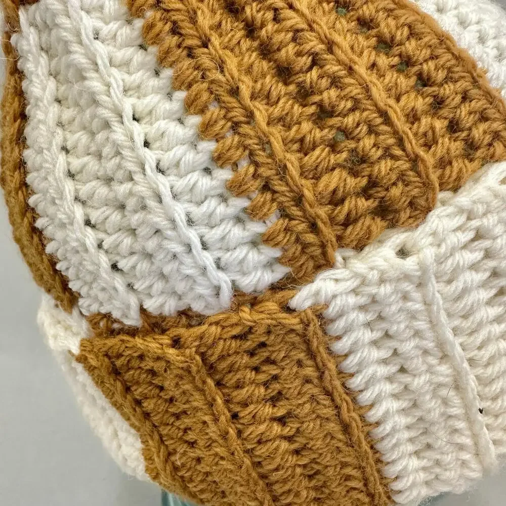 Handmade knit colorblock ivory and golden mustard checkered stocking hat beanie